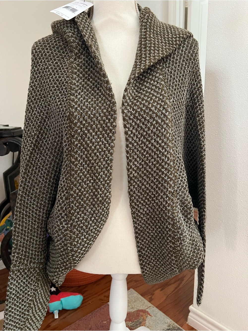 Free People Olive Green Textured Open-Front Cardigan